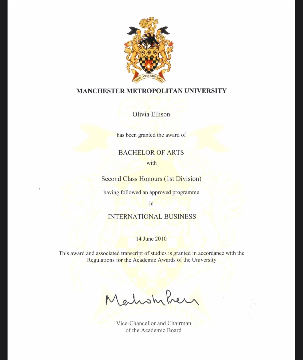 Bachelor of Arts, Manchester Metropolitan University